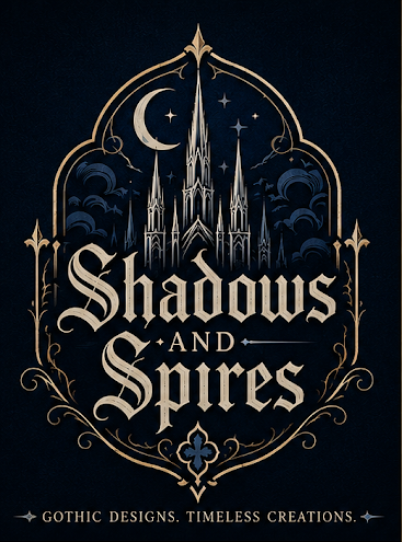 Shadows and Spires logo with a moonlit cathedral and blue accents